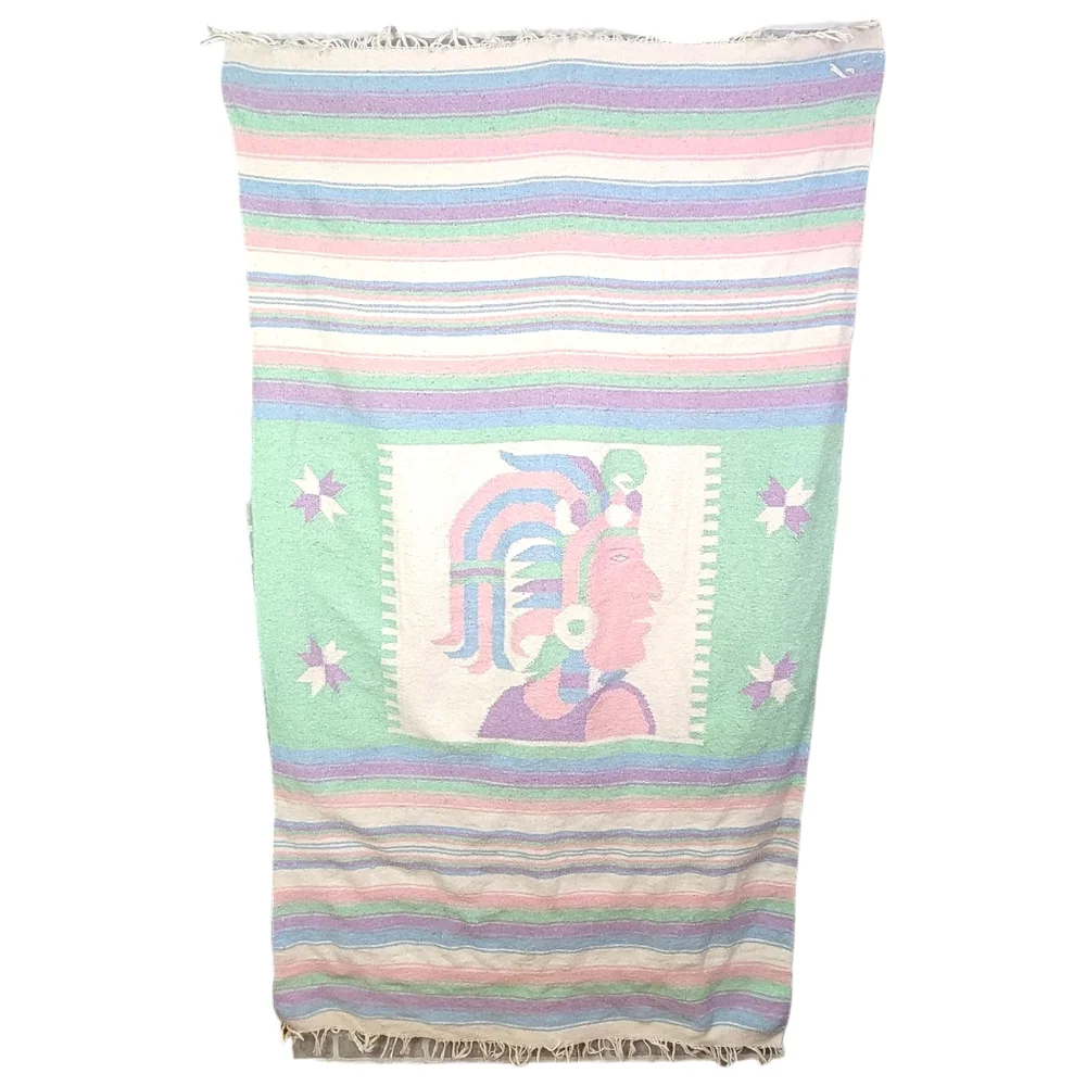 Pastel Striped Aztec Warrior Native American Woven Fringe Saddle Blanket 45x80